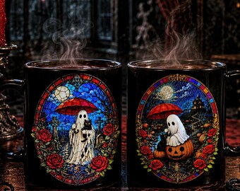 Cute Ghost Mug ,Halloween Ghost Cup, Black Cat Cup, Halloween Stain Glass Art, Teacher Gift