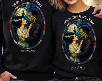 Frankenstein and Bride Sweatshirt | Personalized Couples Costume Shirt- Made for each other t shirt, Stain Glass Halloween pullover