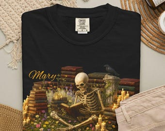 Skeleton Reading Shirt, Halloween Comfort Colors T-Shirt: English Teacher Gift, Book lover, Skeleton Art