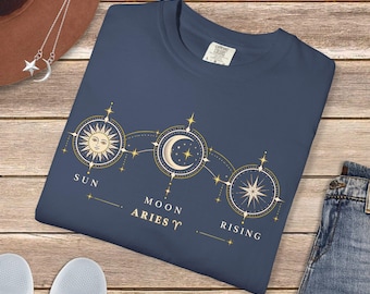 Celestial Moon Shirt, astrology  tshirt, Custom Zodiac Comfort Color t shirt, Sun moon Rising, Personalities name Birthyear