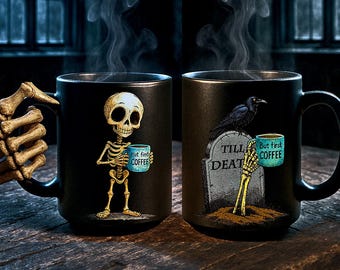 Skeleton Mug: Spooky Black Ceramic Gothic Halloween Cup