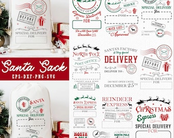 Puede incluir: Un saco de Santa blanco con texto y gráficos rojos y verdes, incluyendo las palabras "Santa Sack" y "Special Delivery". El diseño incluye un regalo, un sello y el texto "Do Not Open Before December 25."