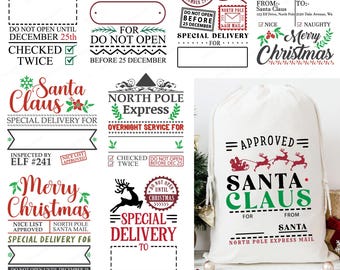 May include: A white Christmas Santa sack with the words "Santa Claus" in green and red, and a graphic of Santa's sleigh. The image also includes various Christmas-themed graphics and text elements, such as "Special Delivery" and "Do Not Open Until December 25th."