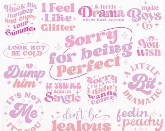 May include: A collection of pink and purple retro-style digital designs with phrases like "Sorry for being Perfect" and "Don't be Jealous." The designs are in a variety of fonts and styles, with a Yk2 Sassy Girl Retro Svg Bundle theme.