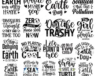 Puede incluir: Una colección de diseños SVG en blanco y negro con el tema del Día de la Tierra. Los diseños incluyen frases como "Save the Earth", "Happy Earth Day" y "Zero Waste". El paquete está etiquetado como "Earth Day SVG Bundle".