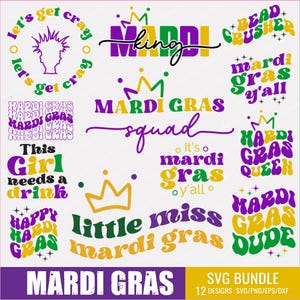 May include: A collection of Mardi Gras-themed graphics in purple, green, yellow, and white. Text includes "Mardi Gras," "King," "Squad," "Queen," and "Dude." The SVG bundle includes 12 designs.