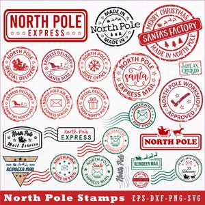 May include: A collection of red and green North Pole themed stamps with various designs. Stamps include text like "North Pole Express," "Santa's Factory," and "Reindeer Mail." The stamps are in various shapes, including circles and rectangles.