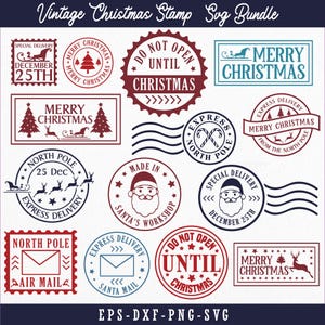 May include: A collection of vintage Christmas stamp designs in red, blue, and white. The stamps feature festive elements like Christmas trees, Santa Claus, reindeer, and the text "Merry Christmas" and "Do Not Open Until Christmas". The image also includes the text "Vintage Christmas Stamp Svg Bundle".