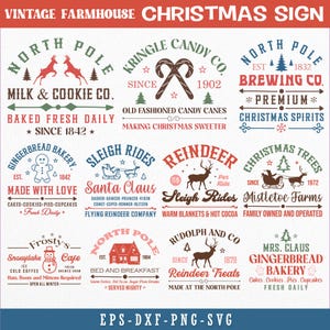 Op de afbeelding: Een vintage kerstbord in boerderijstijl met diverse logo's met feestthema. Ontwerpen zijn onder meer "North Pole Milk & Cookie Co.", "Kringle Candy Co." en "Gingerbread Bakery". Het bord is rood, groen en wit.