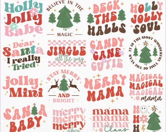 May include: A collection of Christmas-themed retro designs in various colors, including red, pink, and green. The designs feature phrases like "Holly Jolly Babe," "Deck the Halls," and "Merry Mama." The image also includes the text "Christmas Retro SVG Bundle."