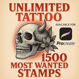 May include: Illustration featuring a detailed skull with horns and a flower, set against a gradient background. Text reads "UNLIMITED TATTOO" and "1500 MOST WANTED STAMPS", with "Procreate" logo, indicating digital art resources.