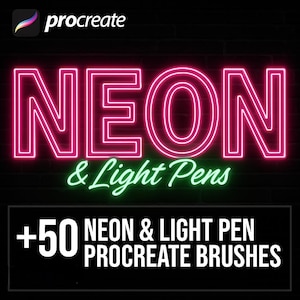May include: A neon sign with the word "NEON" in bright pink, and "& Light Pens" in green. Below, a black box displays "+50 NEON & LIGHT PEN PROCREATE BRUSHES". The Procreate logo is in the top left corner.