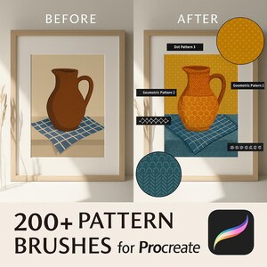 May include: Framed artwork comparison: "Before" shows a brown pitcher on a blue checkered cloth, "After" shows the pitcher with geometric patterns. The image includes the text "200+ PATTERN BRUSHES for Procreate".