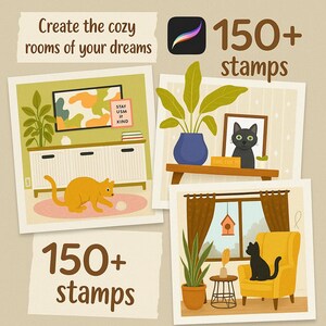 Könnte beinhalten: Digitale Illustration mit vier Inneneinrichtungsszenen, jeweils mit einer Katze. Die Szenen umfassen Möbel, Pflanzen und den Text "Create the cozy rooms of your dreams" und "150+ stamps".