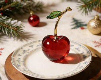 Handgefertigte Skulptur aus mundgeblasenem Glas Kirsche mit Gold Stiel, rote Kunst Glas Wohnkultur