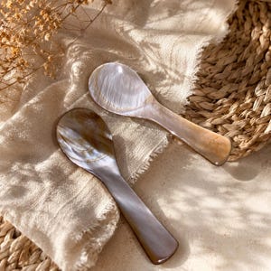 May include: Two small spoons crafted from iridescent mother-of-pearl shell. Each spoon features a smooth, polished surface with natural swirling patterns in shades of cream, beige, and soft gray, showcasing the unique luster of the shell material.