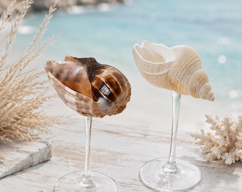 Conch shell wine glasses, stemmed cocktail glasses, unique beach wedding bridesmaid gifts, beach bar party favors.