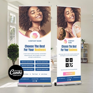 May include: Two roll-up banners with a beauty theme. Each banner features a smiling woman with curly hair. The banners have the text "Choose The Best For Your Business" and service information. One banner includes a QR code and the words "Book Today".