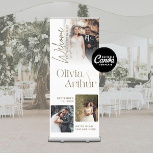 May include: A wedding welcome banner featuring the names Olivia & Arthur, with the date September 10, 2025. The banner includes photos of the couple and the text "Welcome to the wedding of" and "We're glad you are here."