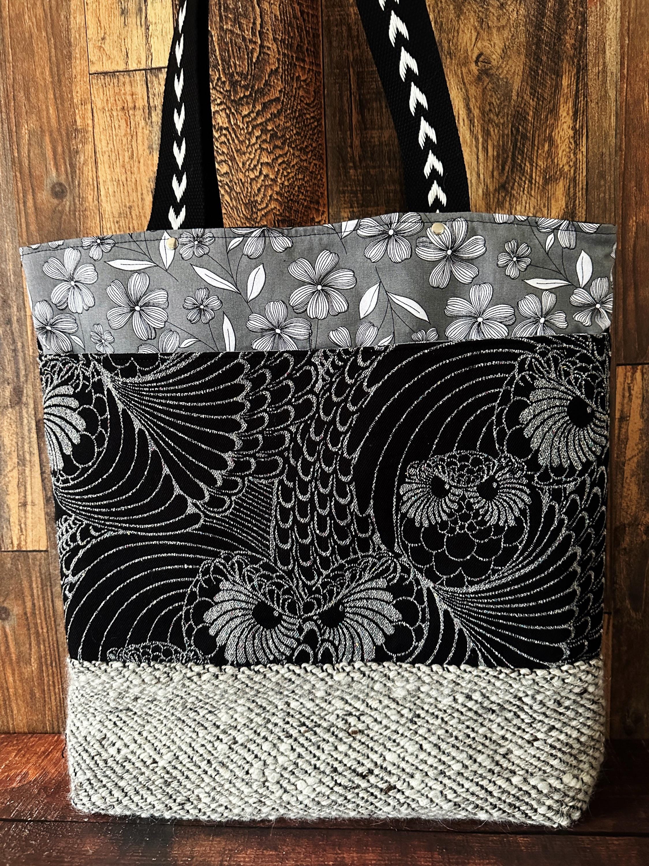 XL Market Tote ~ Silver Owls with Handspun and Handwoven Wool