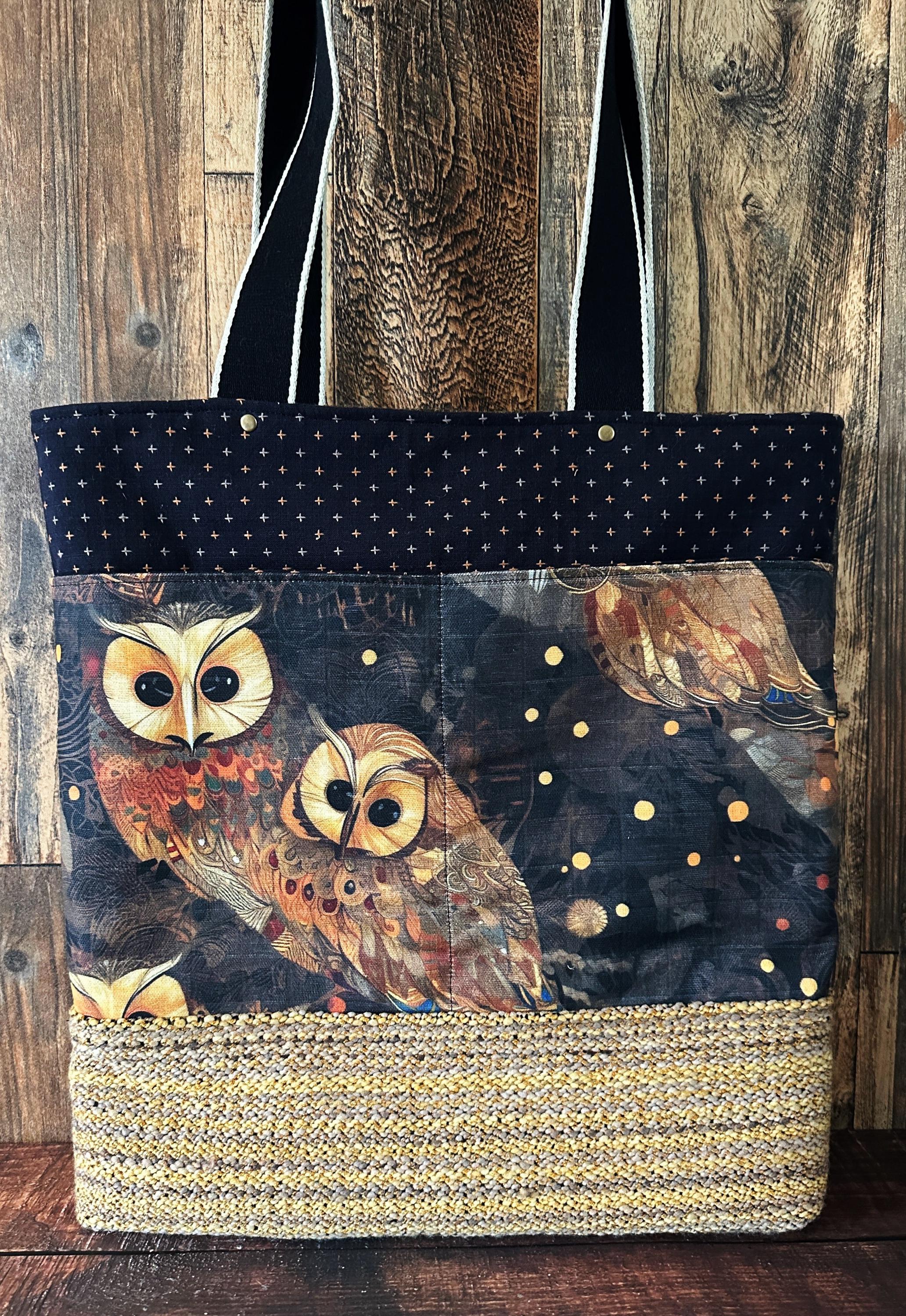 XL Market Tote ~ Klimt Golden Owls with Handspun and Handwoven Wool