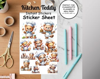 Cooking Bear PNG | Printable Kitchen Art | Digital Bear Sticker | Kid’s Meal Planner Graphics | Cute Watercolor Chef Teddy Bear Clipart