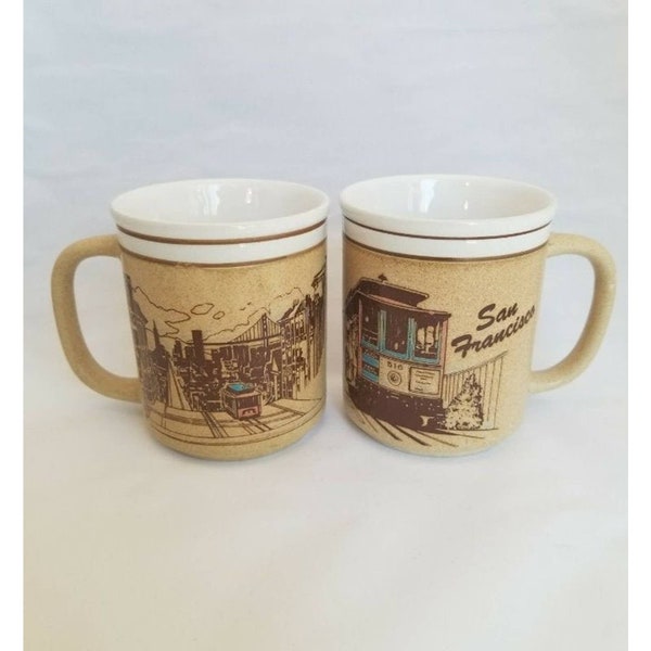 Vintage SAN FRANCISCO Trolley Skyline Train Cable Car Illustration Mug Pair Mico vacationcore california trip souvenir 70s Vtg Made in Japan