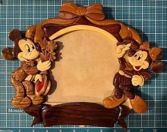 Vintage Minnie Mickey Disney Wooden Handmade Inlay Carved Layered Puzzle Photo Art 4x5 Picture Frame Bow Wedding Couple Gift Magic Kingdom
