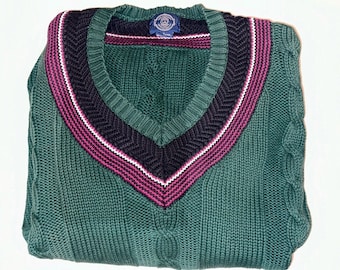 Vintage 80 90s GAP Oversized Green Sweater v-neck preppy tennis Varsity cable knit college collegiate 1989 Graduation Normcore Dark Academia