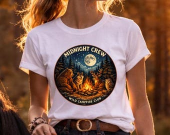 Campfire T Shirt for Men Women, Vintage Wildlife Graphic Tee, Bear Wolf Deer Owl Shirt, National Park Style Camping Gift, Nature Lover Shirt