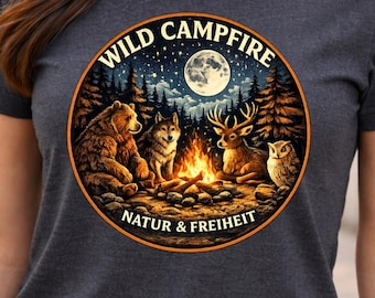 Wild Campfire Shirt – Nature & Freedom T-Shirt / Sweatshirt with Bear, Wolf, Deer, Owl Retro Outdoor Motif, Gift for Campers and Nature Lovers