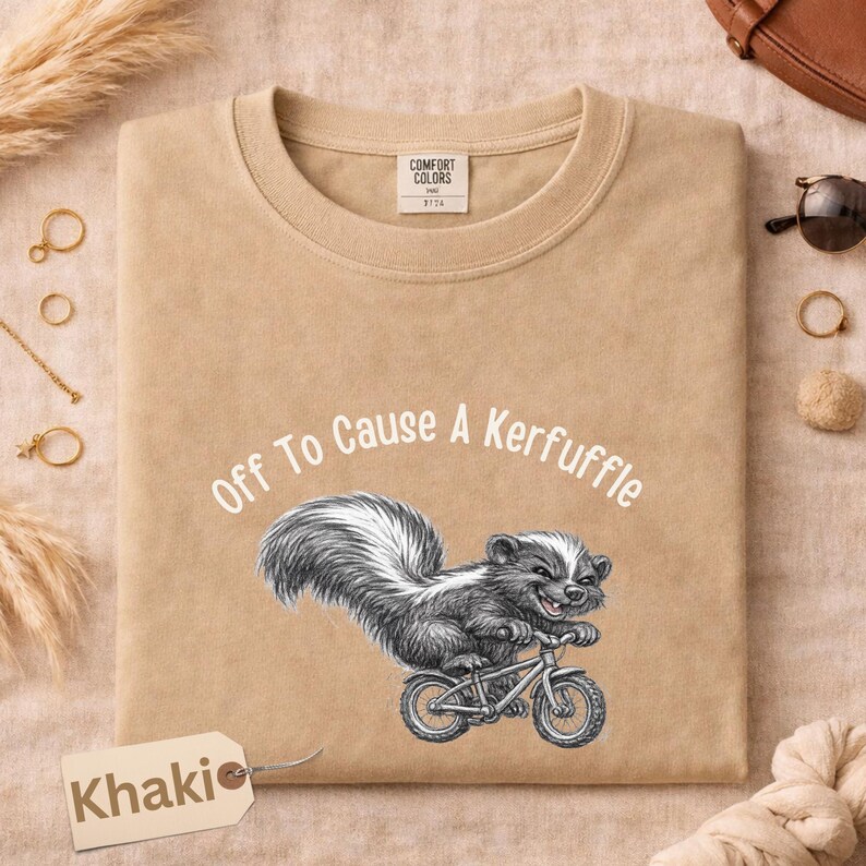 May include: Khaki-colored sweatshirt with the text "Off To Cause A Kerfuffle" and a graphic of a skunk riding a bicycle. The sweatshirt has a crew neck and a tag that says "Comfort Colors".
