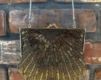 Vintage Carolyne Barton "Night" Gold Beaded Clamshell Evening Bag Clutch