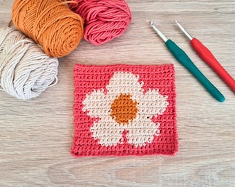 Patrón de tapiz a crochet en PDF / Cuadrado con motivo de margaritas / Crochet floral estilo cottagecore / Descarga instantánea