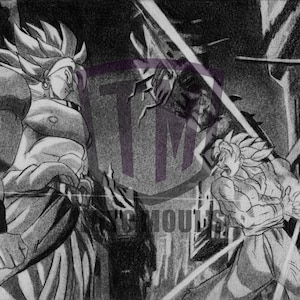 May include: A black and white pencil drawing of two muscular anime characters in a battle scene. One character stands facing the other, who is preparing an energy blast. The background features a cityscape and energy beams.