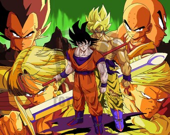 May include: Digital illustration featuring multiple characters from the Dragon Ball anime series. The characters are depicted in various poses, with vibrant colors and dynamic action lines. The background is a mix of green and brown.