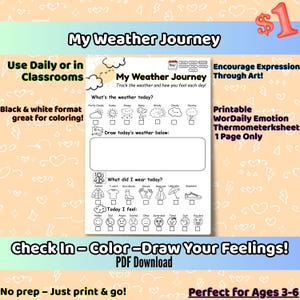 Kinderweerdagboek + Mood Tracker | Dagschema voor kleuters | Afdrukbare emotionele check-in-pdf