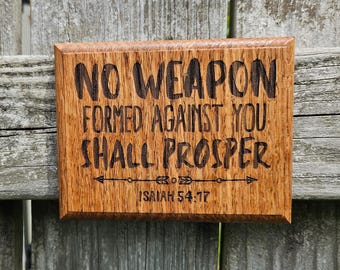 Mini Engraved Bible Verse - Isaiah 54:17 - Small Wooden Sign Reclaimed Hardwood Christian Wall Art - Unique Handmade Gift