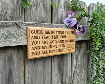 Engraved Oak Bible Verse Plaque – Psalm 25:5 Scripture Wall Art (13.5x5in)