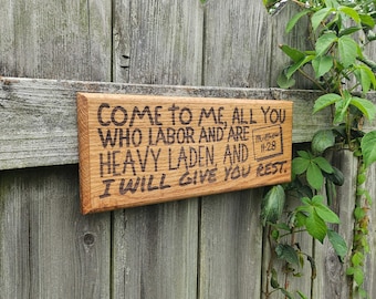 Bible Plaque "All You Who Labor" - Hardwood Engraved Christian Wall Art Decoration - 13.5x5in - Matthew 11:28 Scripture Passage