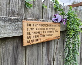 Engraved Rustic Oak Bible Verse Plaque – Isaiah 53:5 Wall Art
