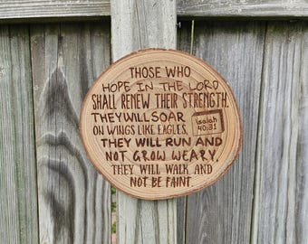 Engraved Wood Slice Bible Art Round - Isaiah 40:31 - 8-9 inch Slice of Scripture Christian Wall Art, Paulownia Hardwood Decor
