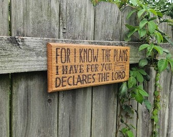 Bible Plaque "For I know the Plans" - Hardwood Engraved Christian Wall Art Decoration - 13.5x5in - Jeremiah 29:11 Scripture Passage