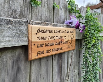 Engraved Oak Bible Verse Plaque – John 15:13 Scripture Wall Art