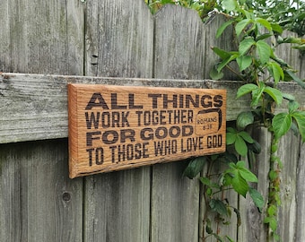 Bible Plaque "To Those Who Love God" - Hardwood Engraved Christian Wall Art Decoration - 13.5x5in - Romans 8:28 Scripture Passage