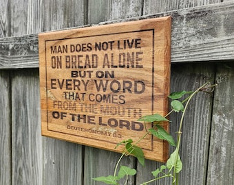 Engraved Scripture Wall Sign: "Bread Alone" Reclaimed Hardwood Christian Gift