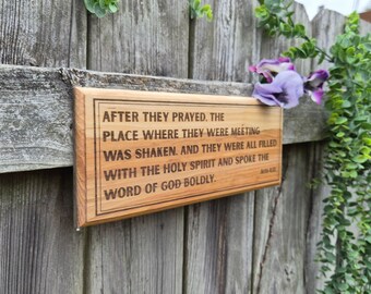 Engraved Oak Bible Sign – Acts 4:31 Scripture Wall Art (13.5x5in)