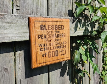 Rustic Bible Wall Sign "Peacemakers" - Inspiring Engraved Christian Hardwood Art Gift - 7x7in - Matthew 5:9 Scripture Verse