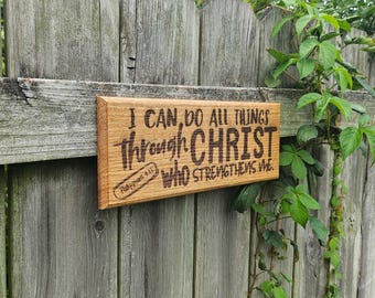 Bible Plaque "All Things Through Christ" - Hardwood Engraved Christian Wall Art Decoration - 13.5x5in - Philippians 4:13 Scripture Passage