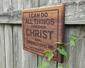 Engraved Bible Wall Sign "All Things Through Christ" - Inspiring Hardwood Gift - 11x9.5in - Christian Scripture - Philippians Verse